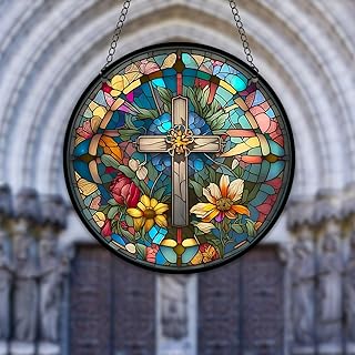 HOTIYOK God Bless Acrylic Window Hanging Vintage Cross Stained Wall Decor, Ideal Housewarming Gift, Home Decor for Mom Grandma Wife Teacher