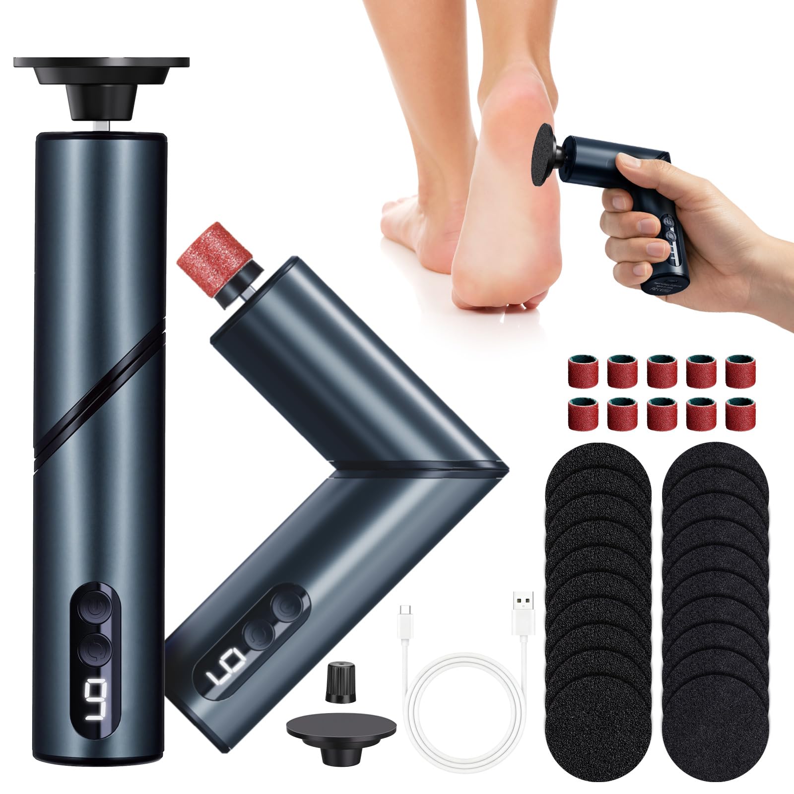 LIHAO Rape Pieds Électrique, 2 en 1Ponceuse Pieds Rechargeable 1800mAh avec Poignée Rabattable 90°, 9 Vitesses, Écran LED, Kit Pédicure 30 Accessoires pour Callosités et Peaux Mortes - Noir