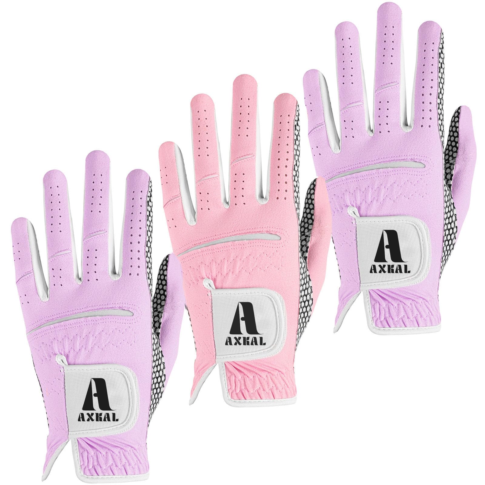 AXKAL Lady Golf Gloves Left Hand Women Ladies All Weather Weathersof Grip Fashion Printing Color Value 3 Pack, Golf Glove Womens Soft Breathable Performance for Golfing (Colorful, L, Left)