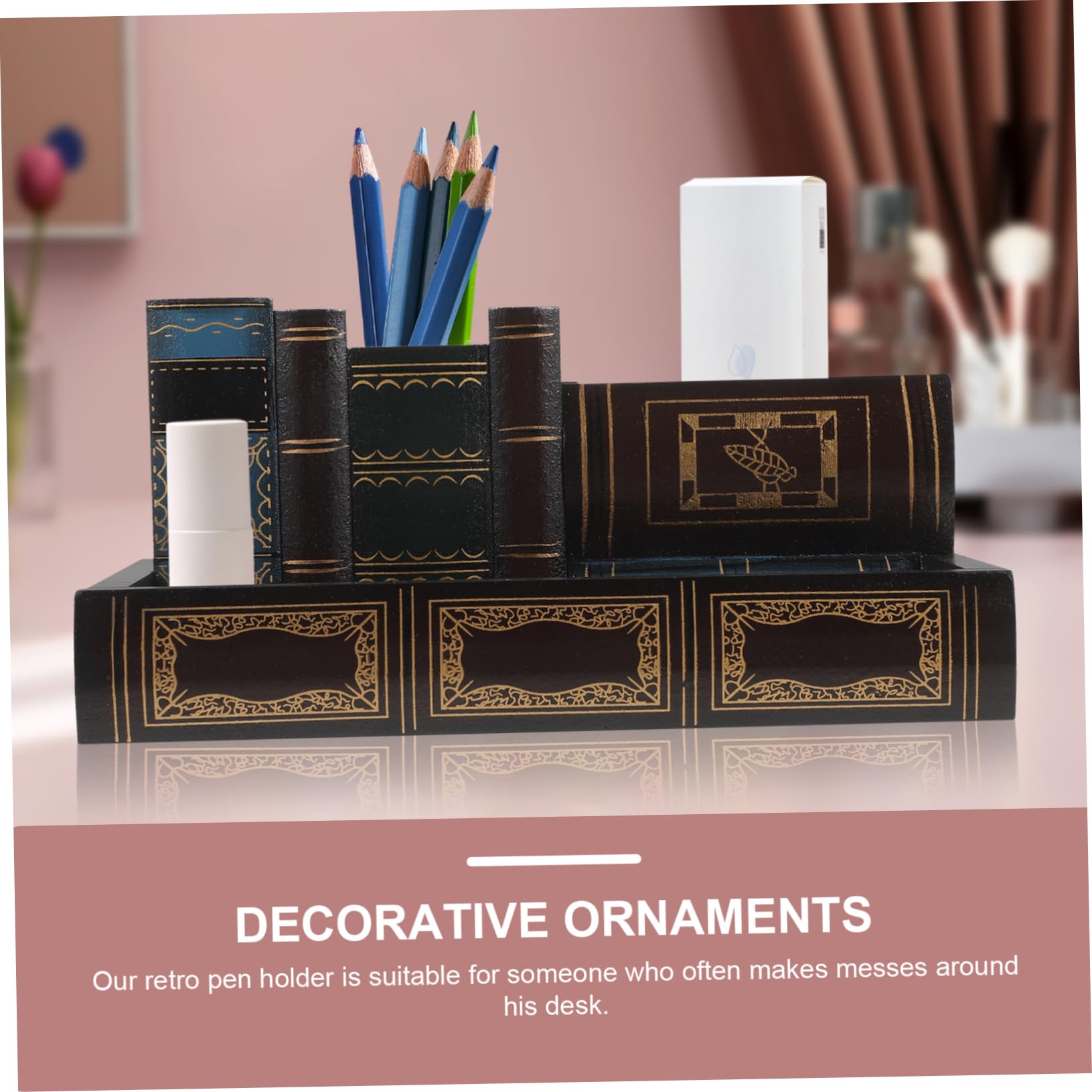 Porte-stylo Livre Rétro en Bois Tiroir, Rangement Compact