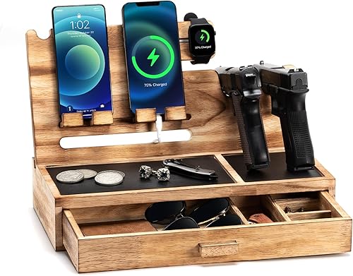 Estación de acoplamiento para teléfono como regalo para hombres, estante de pistola de madera como organizador de mesita de noche para caja fuerte