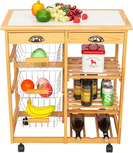 Miniatura 5 de Carrito de cocina con ruedas, encimera de azulejos con 2 cajones, 3 cestas de metal para alimentos y 2 estantes abiertos y 1 estante para vinos,