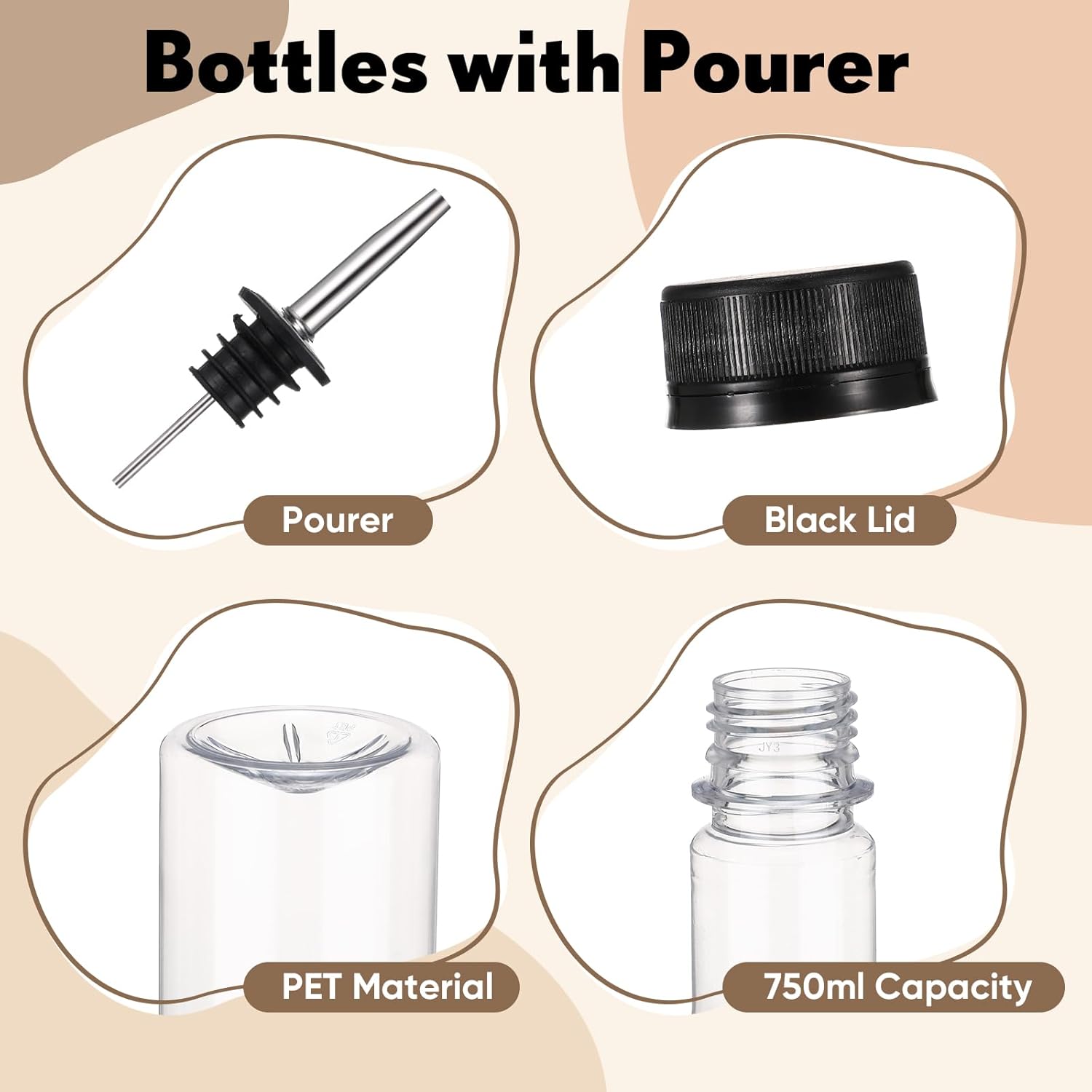 25 oz Plastic Long Neck Bottle with Stainless Steel Leakproof Tapered Spout Pourer and Cap Syrup Alcohol Juice Coffee Liquor Container for Home Bar Service Bartending Party Supplies(8 Pack) - Image 2