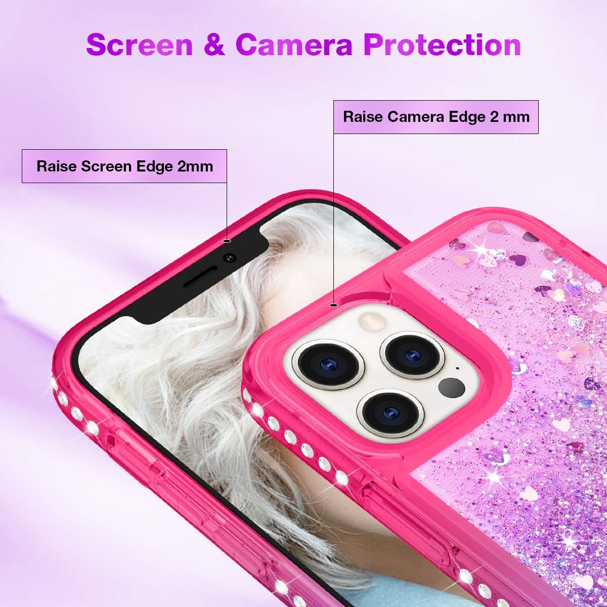 Maxdara Case for iPhone 12 iPhone 12 Pro Glitter Case for Girls Women Sparkle Case with Bling Diamond Rhinestone Gradient Liquid Glitter Case for iPhone 12/12 Pro 6.1 inches, Pink Purple