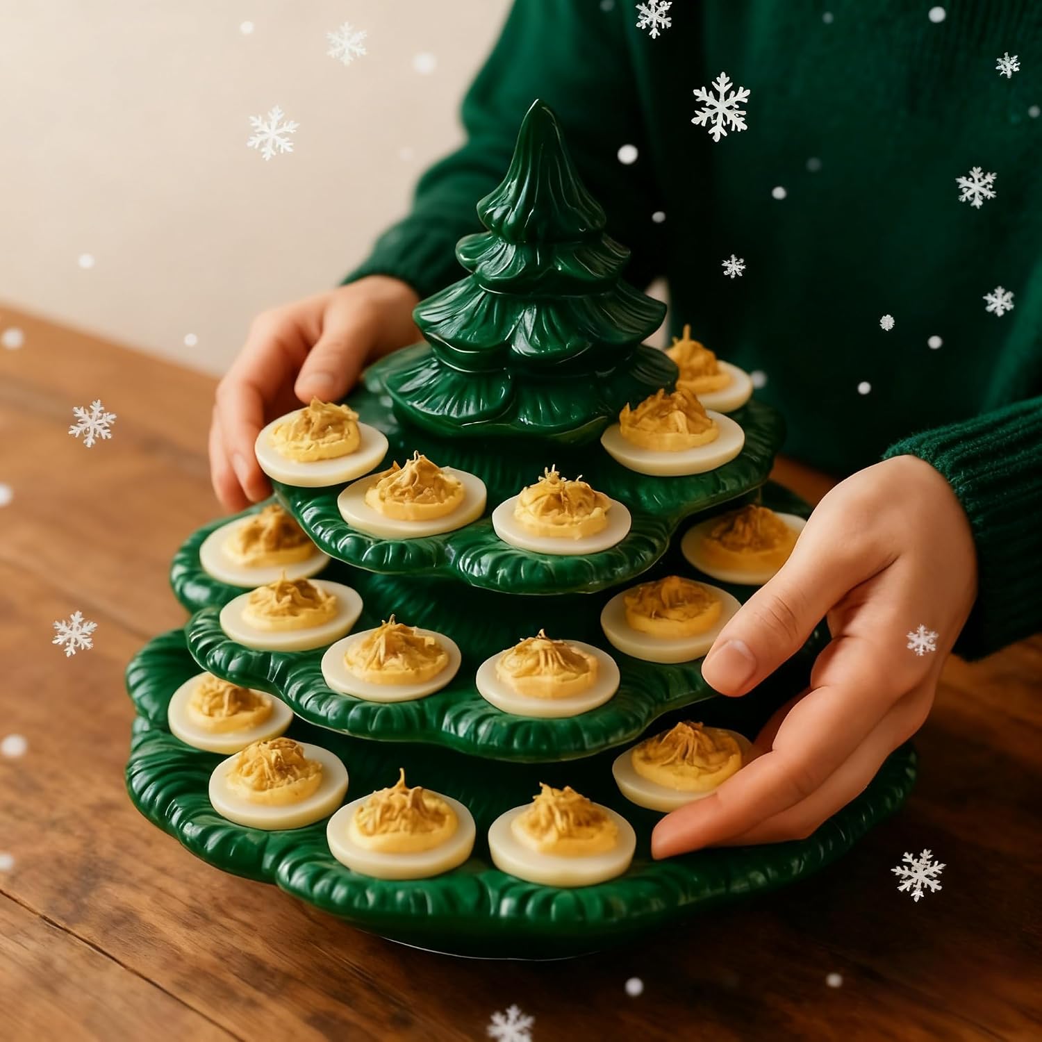 Christmas Tree Shaped Deviled Egg Platter, 3-Tier Reusable Deviled Egg Holder with Lid, Green Holiday Egg Serving Tray for Xmas Party Home Kitchen Decorations