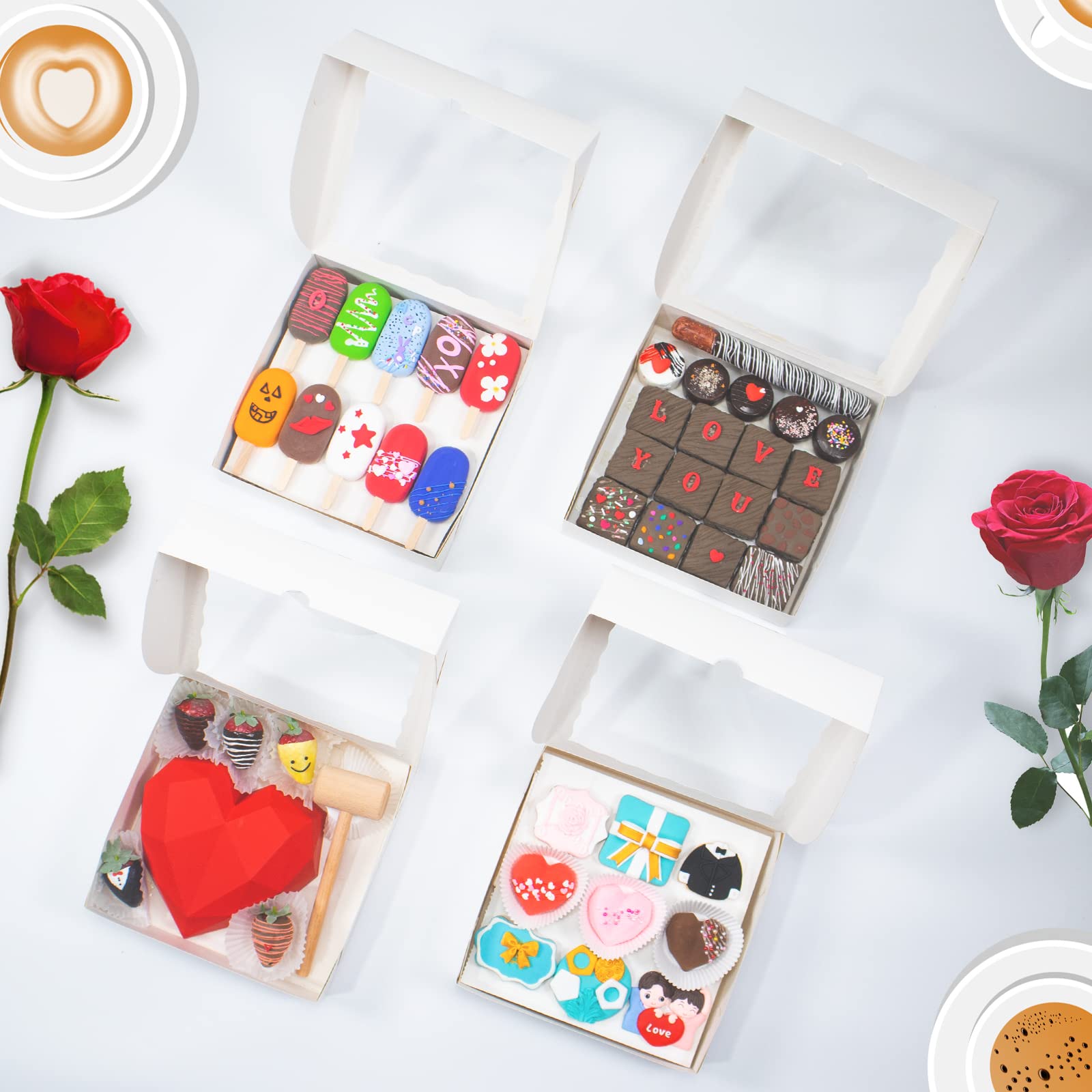 RomanticBaking 14 cajas de panadería de 9 x 9 x 2.5 pulgadas con ventana, cajas de corazón rompibles, cajas de fresas cubiertas de chocolate, cajas de galletas