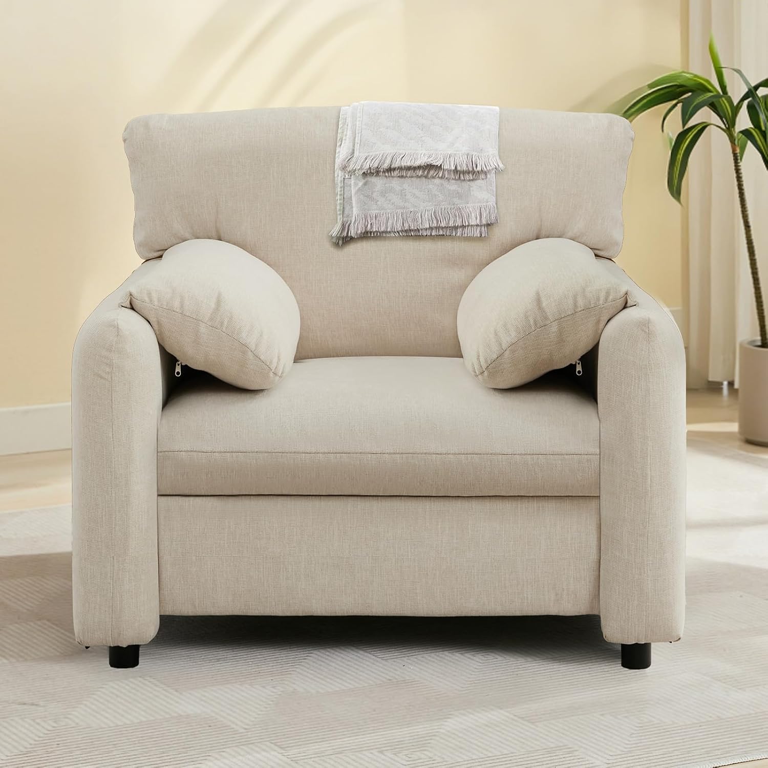 Linen Upholstered Armchair with Pillows, 350 lbs Weight Capacity, Comfy Single Sofa for Living Room, Modern Accent Chair with Sturdy Frame