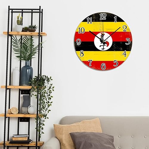 Miniatura 5 de Reloj de pared redondo decorativo con bandera de Uganda, recuerdo de país, de PVC, para decoración del hogar, funciona con pilas, estilo rústico