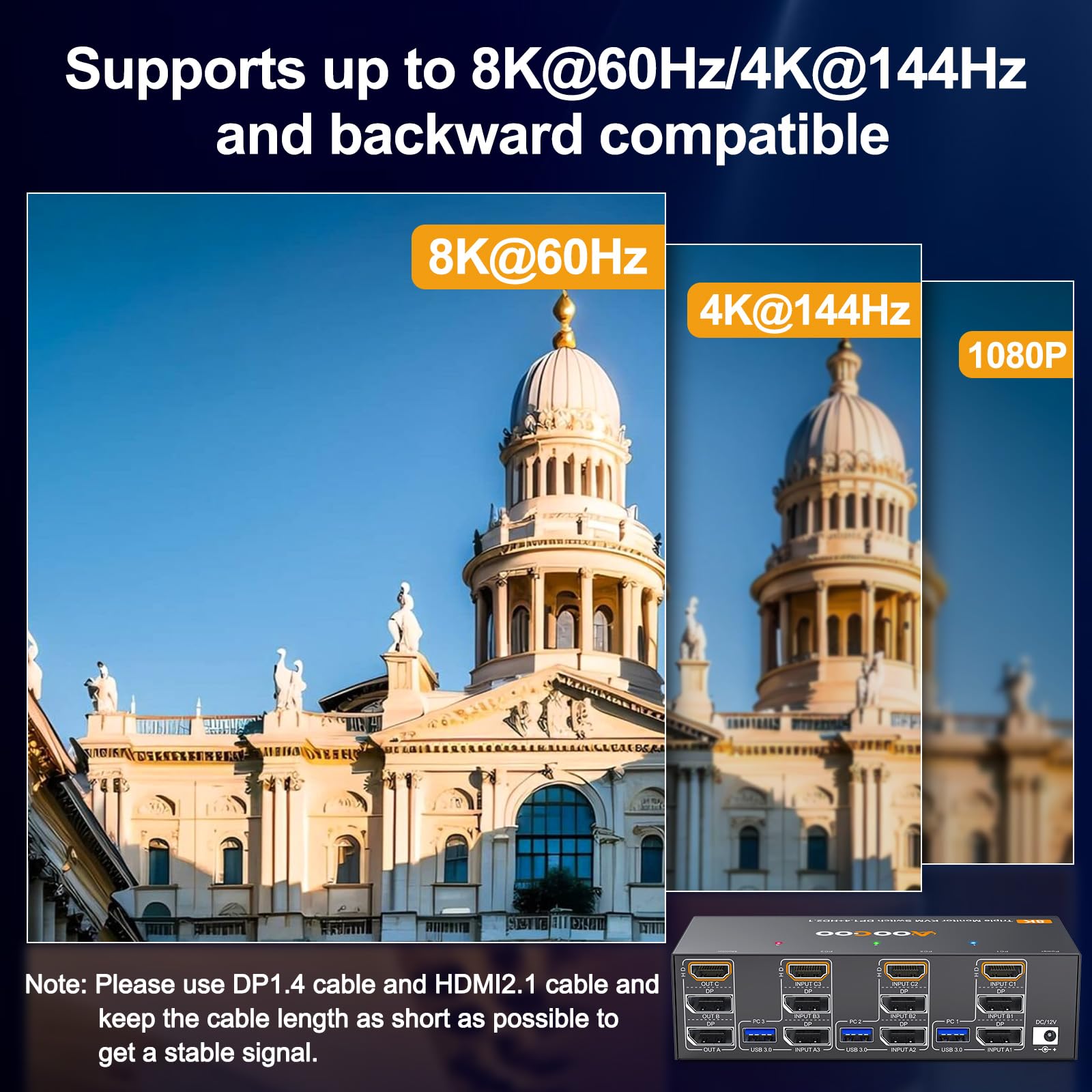 Commutateur KVM 3 PC 3 moniteurs 4K @ 144Hz/8K @ 60Hz, Triple moniteurs HDMI DP KVM Switches avec télécommande filaire, bloc d'alimentation et câble USB 3.0