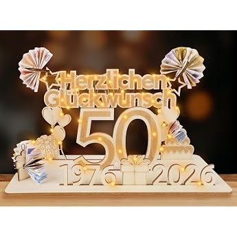 50 Geldgeschenke Geburtstag Frau Mann 2026 Holz Schild G stebuch mit LED Lichterkette Personalisiertes Geschenke zum 50 Geburtstagszahlen Goldene Hochzeit Jubil um Tischdeko