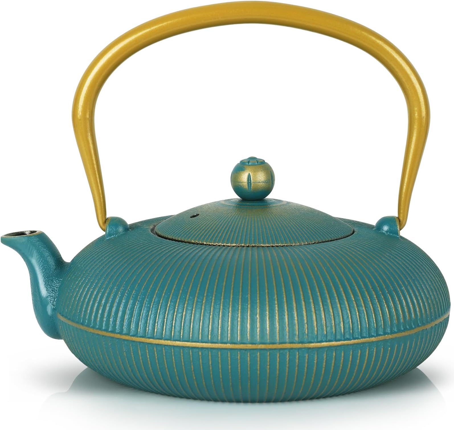 Jotsport Green Cast Iron Teapot Large Capacity 40oz/1200ml with Infuser for Loose Leaf Stovetop Safe Vertical Stripe Flat Tea Kettle, Enameled Interior
