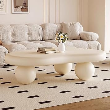 Cloud Coffee Table, Irregular Modern Minimalist Coffee Tables with 3 Ball Legs, Asymmetrical Unique Funky Center Table for Living Room,White,46.06x31.10x13.78in