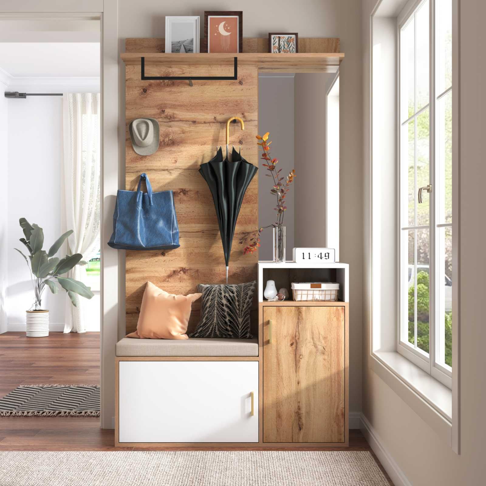 YEHTOKHOME Ensemble d'armoires,Armoire multifonctionnelle avec Miroir,Meuble à Chaussures et portemanteau Mural,Meuble d'entrée avec Banc et patères (Blanc)