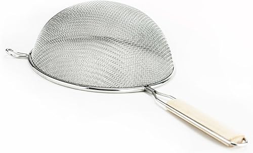 Miniatura 5 de Huji Colador de alimentos de malla doble de acero inoxidable de 8 pulgadas con mango de madera para cocina, fideos de arroz y pasta (paquete de 3)