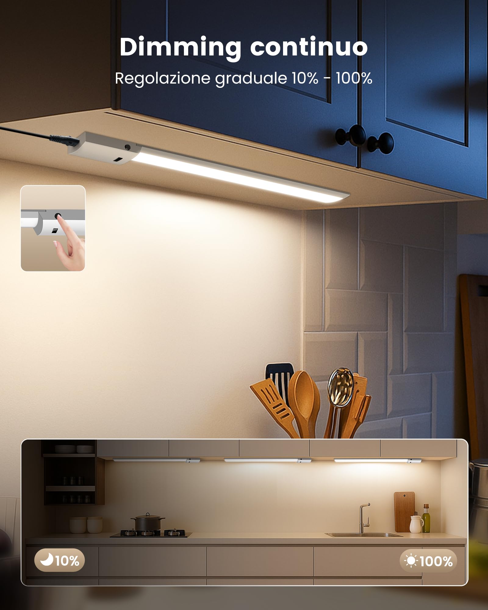 ALUSSO Luce per armadio da cucina LED dimmerabile, 60 cm, 10 W, 780 lm, 3 temperature di colore (3000/4000/6500 K) con sensore di movimento per armadio/guardaroba