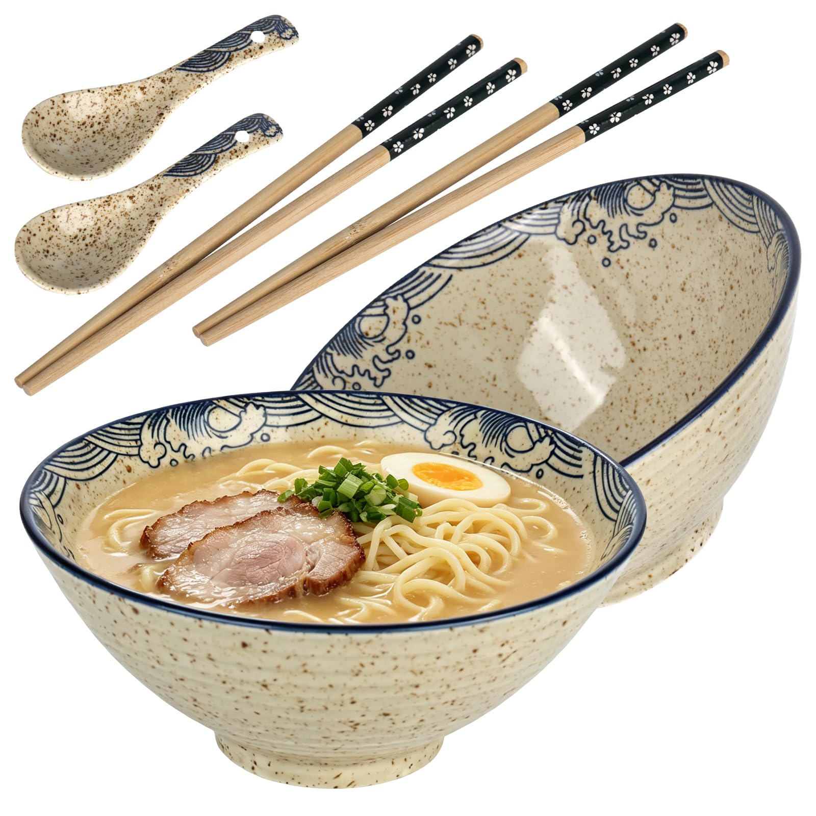 2 Set Tableware Ceramic Ramen Bowl with Chopsticks & Spoons 1200ml Large Soup Bowls Japanese Noodles Bowls Dinner Sets Microwave Tableware Ramen Gift Set for Pasta Soup Pho Mixing Salad Dishes