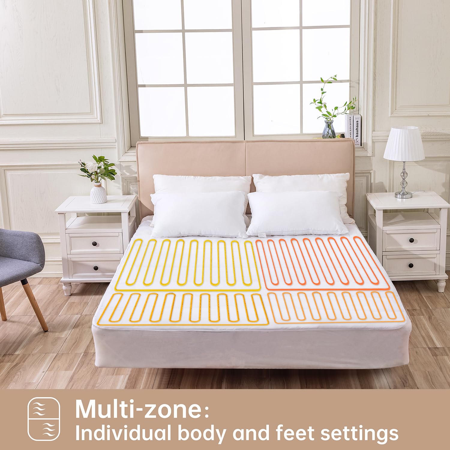 Coperta elettrica di lusso per letto king size, completamente aderente, multizona, strato comfort in cotone, doppio controllo, 9 impostazioni di calore, 10 impostazioni di tempo, lavabile