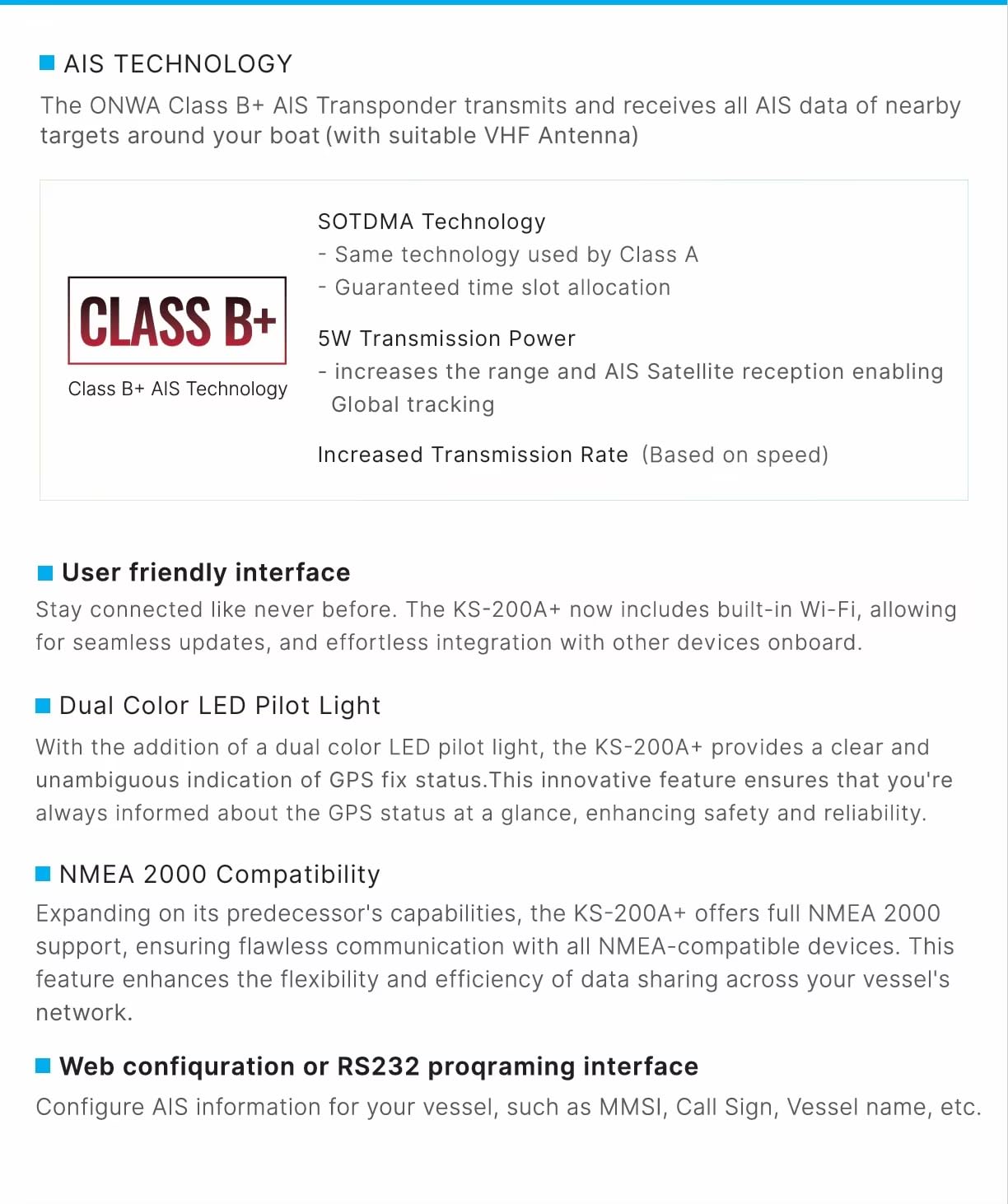 ONWA KS-200A+ ai Transpondeur Marine AIS 5 W Classe B+ Support NMEA2000 Émetteur Récepteur avec WiFi