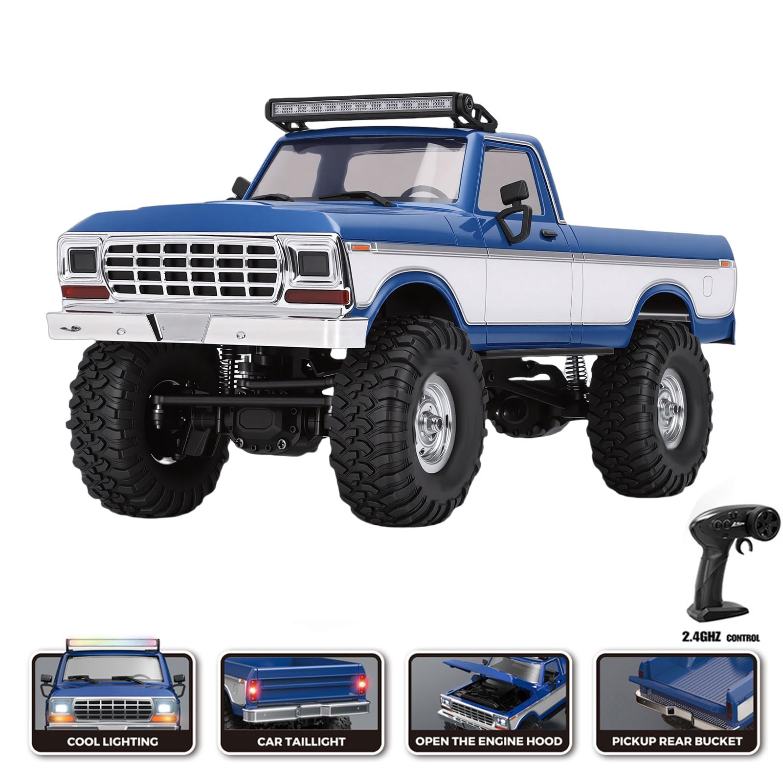 Fockety Camion RC 1/16, Auto RC con Luce e Ammortizzazione per Superfici Rocciose, Sabbia e Spiagge, Camion Giocattolo Fuoristrada Telecomandato ad Alta Velocità 2.4G per Regali (BLUE)