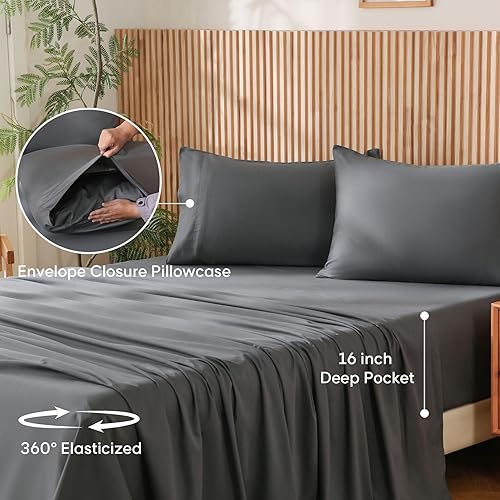 Miniatura 6 de JSD Juego de sábanas de 100% algodón gris oscuro tamaño King, 300 hilos, sábanas de satén con bolsillos profundos, suaves y transpirables