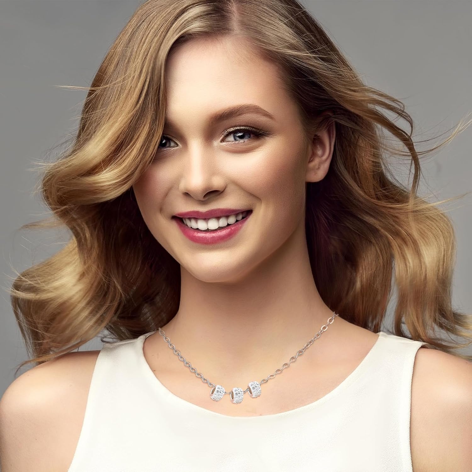 ANCIRS 50pcs 12mm Large Hole Rhinestone European Beads, Rondelle Spacer, Diamond Hair for European Bracelet Snake Chain Charm (White) - Image 7