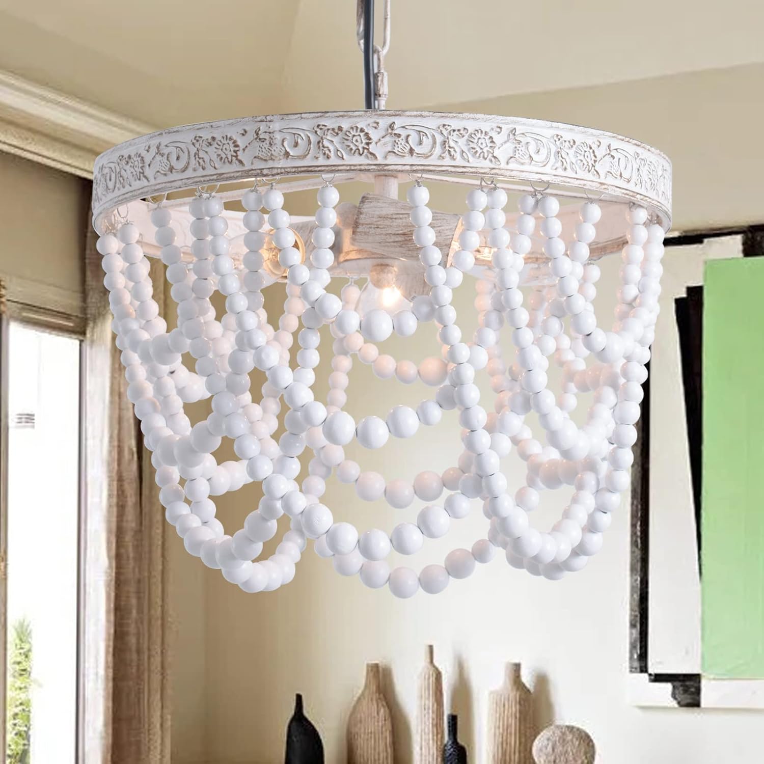 3-Light Wood Bead Pendant Light, Boho Light Fixture with Engraving Pattern, Farmhouse Ceiling Wooden Beaded Hanging Lighting Fixtures for Hallway Baby's Nursery Bedroom Bathroom Foyer Kitchen