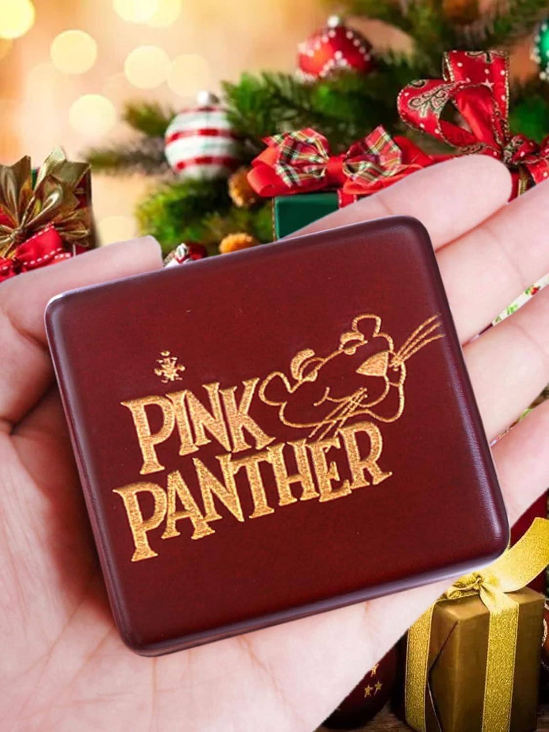 Sinzyo Music Box Vintage Wood Carved Mechanism Musical Boxs Gift for Birthday Valentine's Day Christmas Day(Pink Panther -Wine Red Box)