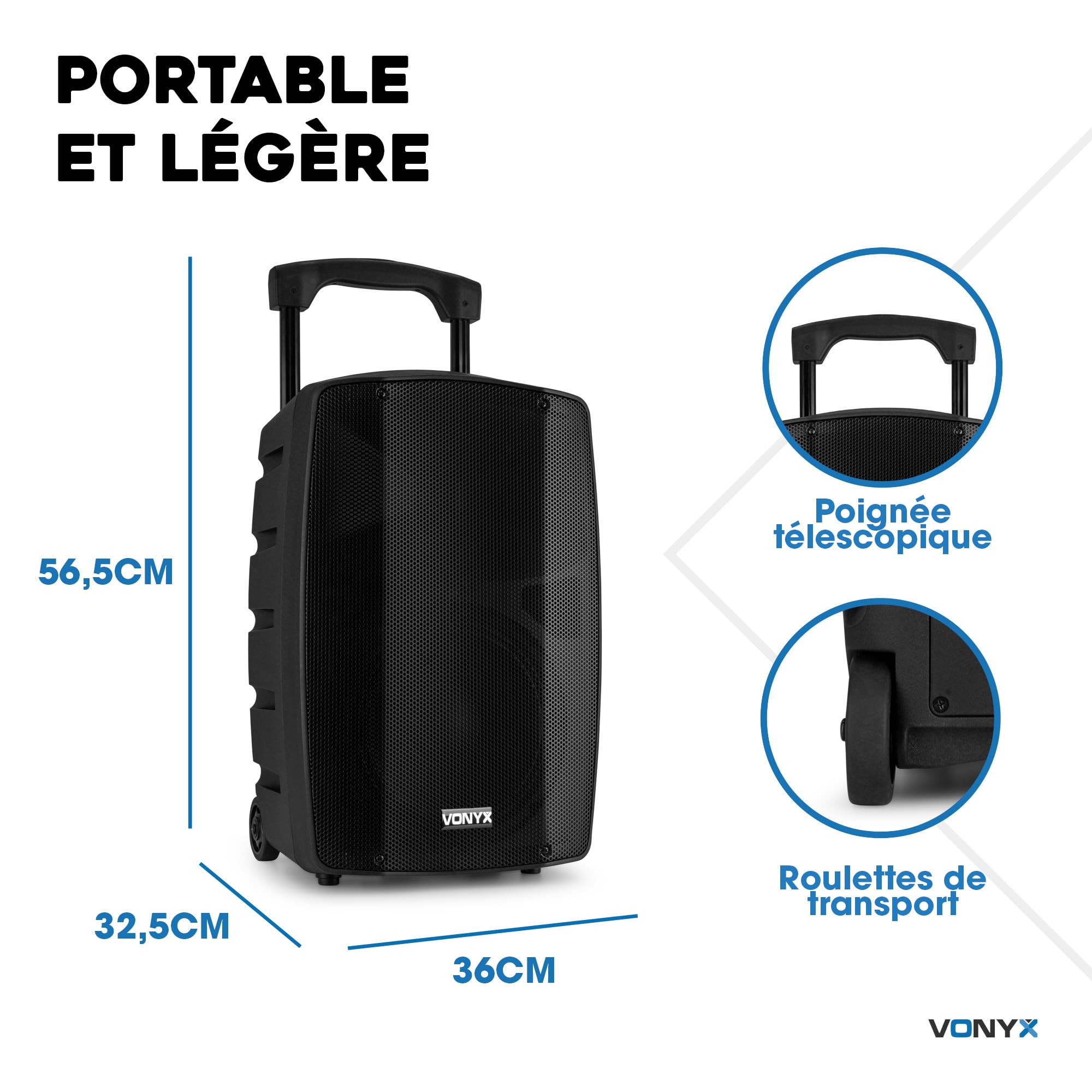 Vonyx VSP200 Enceinte Sono Portable 200 Watts, Enceinte Active Bi-Amplifiée, 2 Micros sans Fil, Poignées et roulettes de Transport, Idéale pour Vos Événements Pro, Karaoké, Fêtes en Extérieur