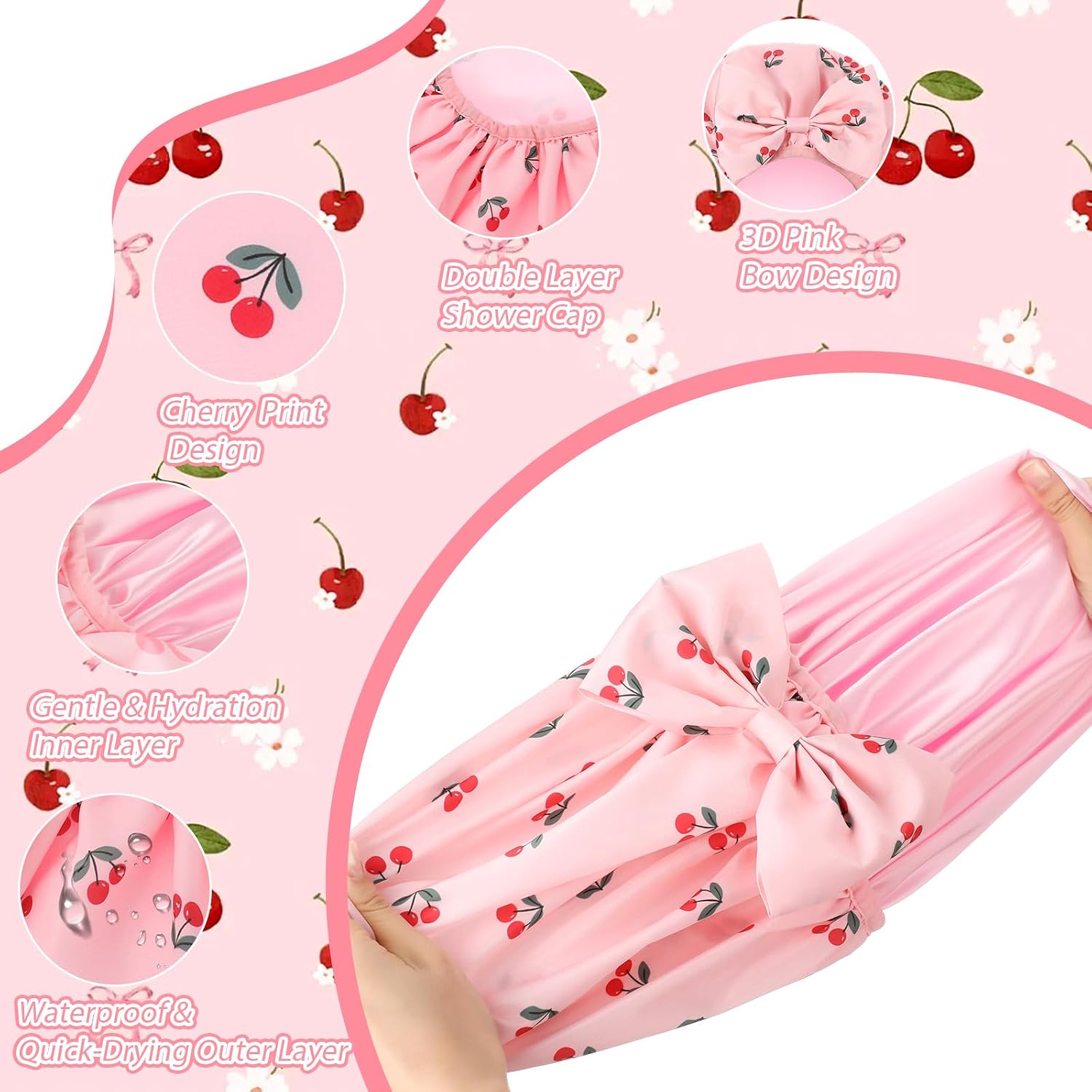 ramede Large Satin Lined Shower Cap for Women Reusable Waterproof Double Layer Bath Cap with Cherry Bow Large Washable Bath Caps with Soft Elastic Band Protect Long Hair Braids