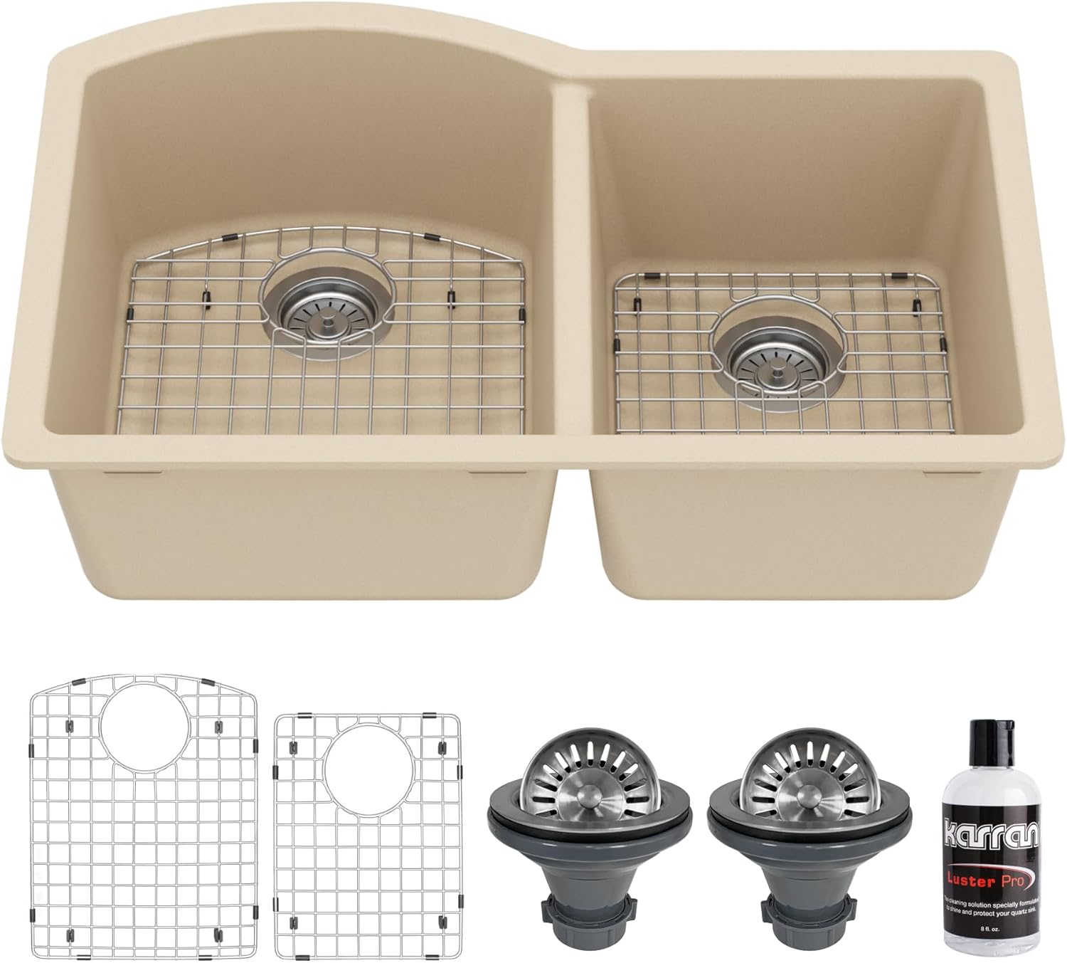 Karran QU-610 Undermount Quartz Composite 32 in. 60/40 Double Bowl Kitchen Sink Kit in Bisque