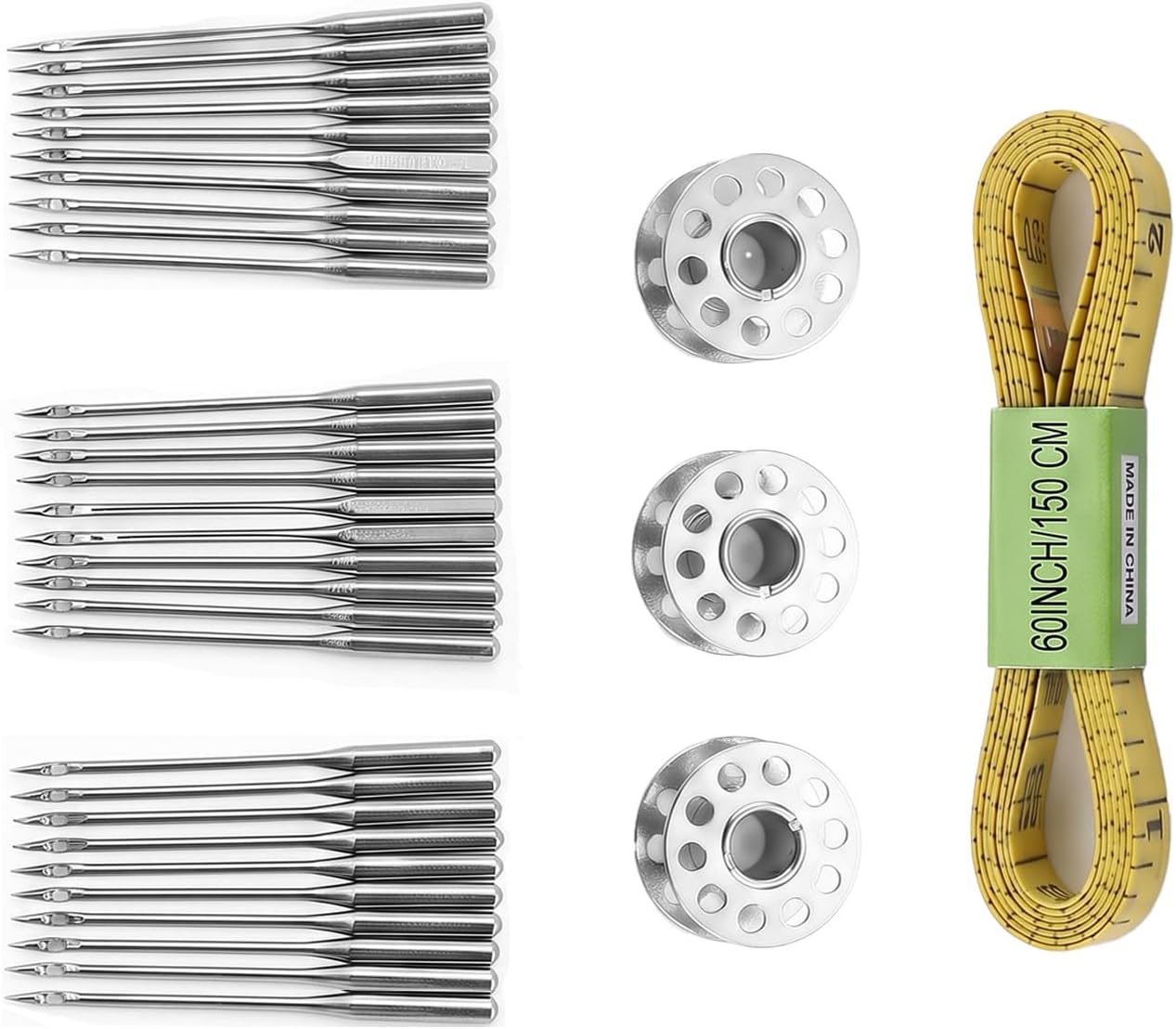 30pc Sewing Needles,3pc Bobbins & 1pc 60-inch Measuring Tape