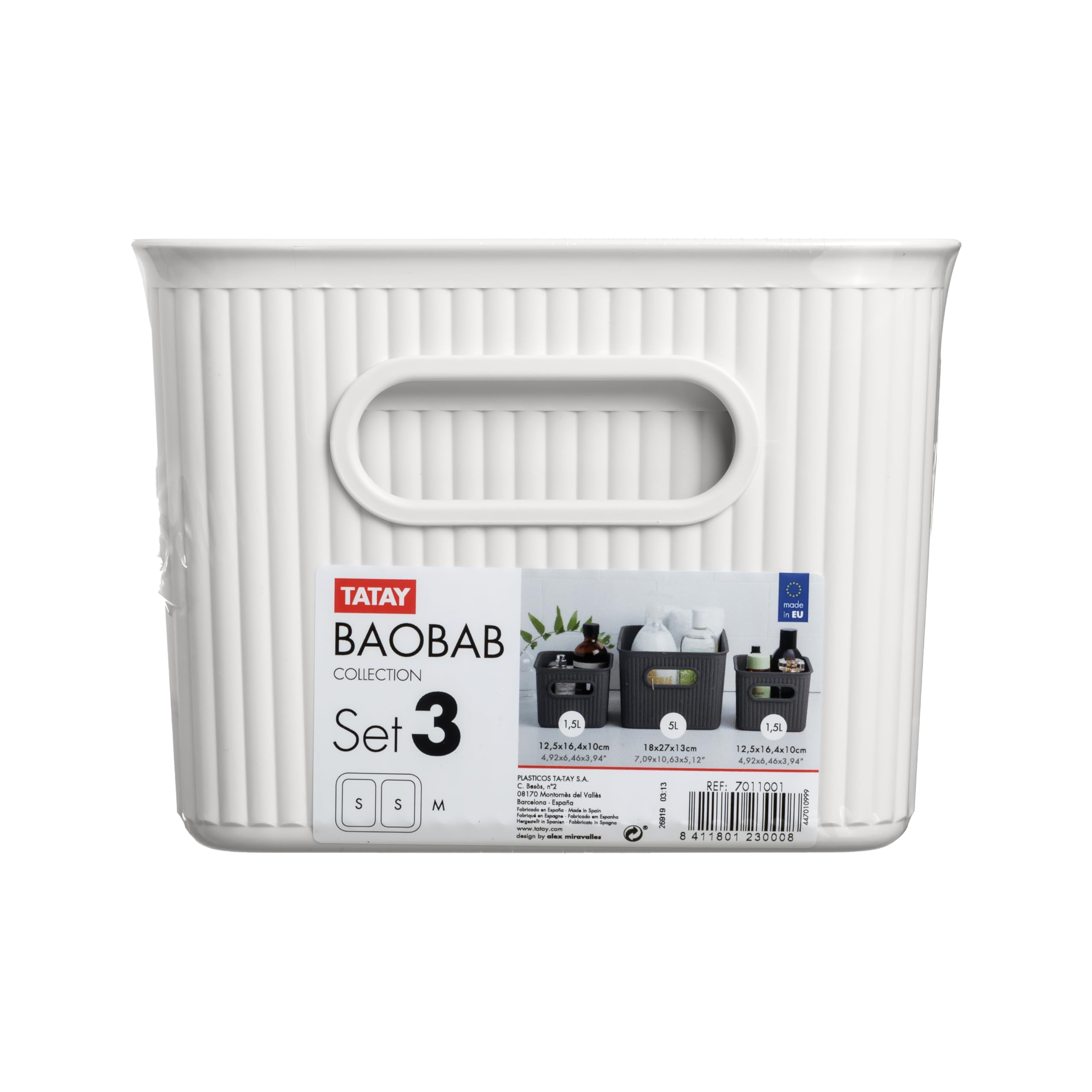 TATAY Cestino Portaoggetti Plastica Baobab | Set di 3 Scatole Organizzatrici | Manici Integrati | Design Compatto e Versatile | Plastica Riciclata Senza BPA | 18,7 x 27,8 x 13,3 cm, Bianco