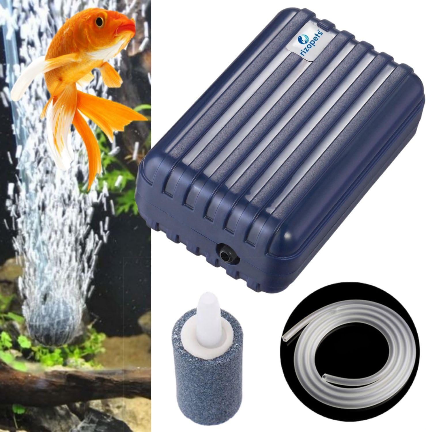 rizopets Super Silent Single Outlet Aquarium Air Pump Air Aquarium Pump with Accessories, 1 Meter Pipe and Stone 9 cm x 6 cm x 4 cm, Blue