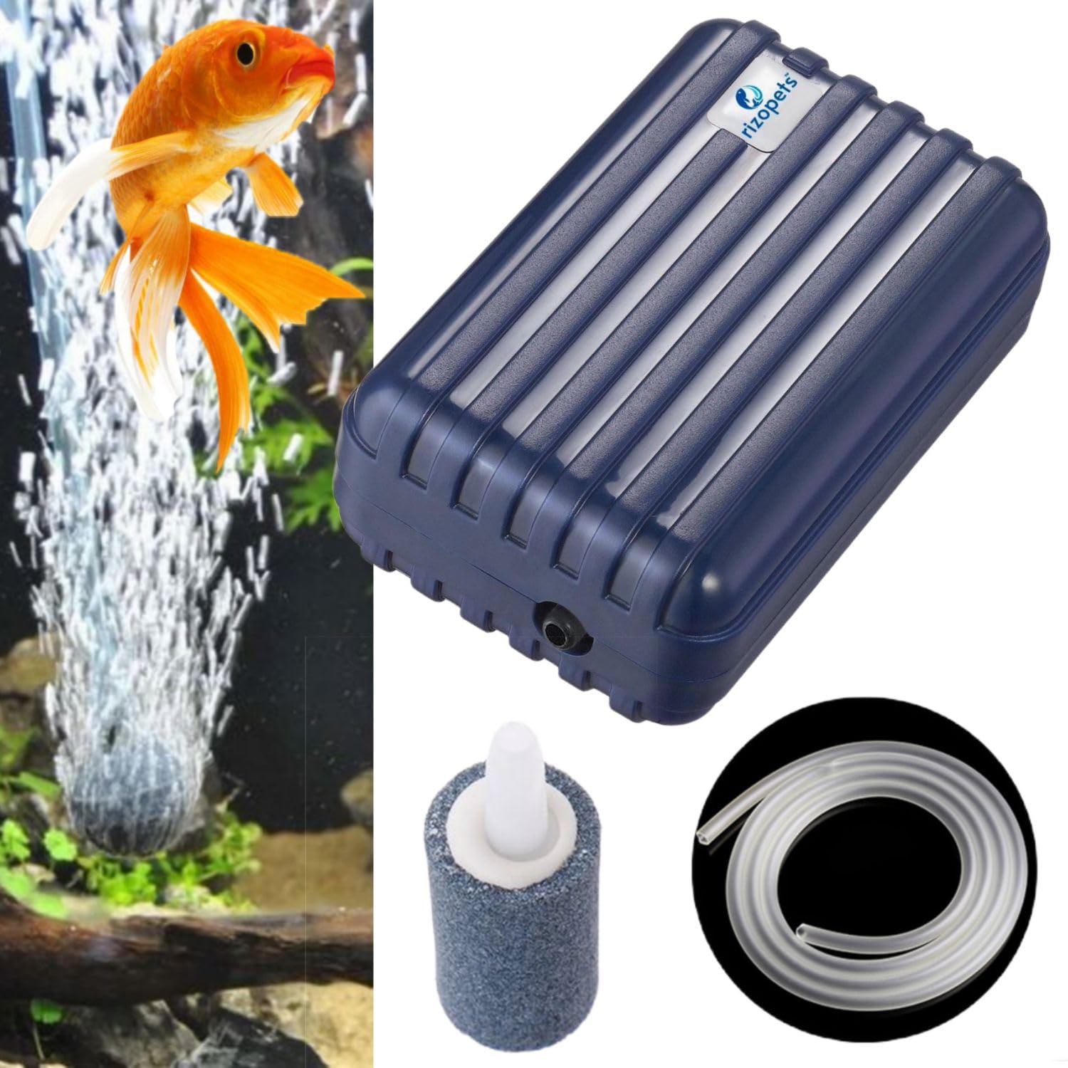 rizopets Super Silent Single Outlet Aquarium Air Pump Air Aquarium Pump with Accessories, 1 Meter Pipe and Stone 9 cm x 6 cm x 4 cm, Blue