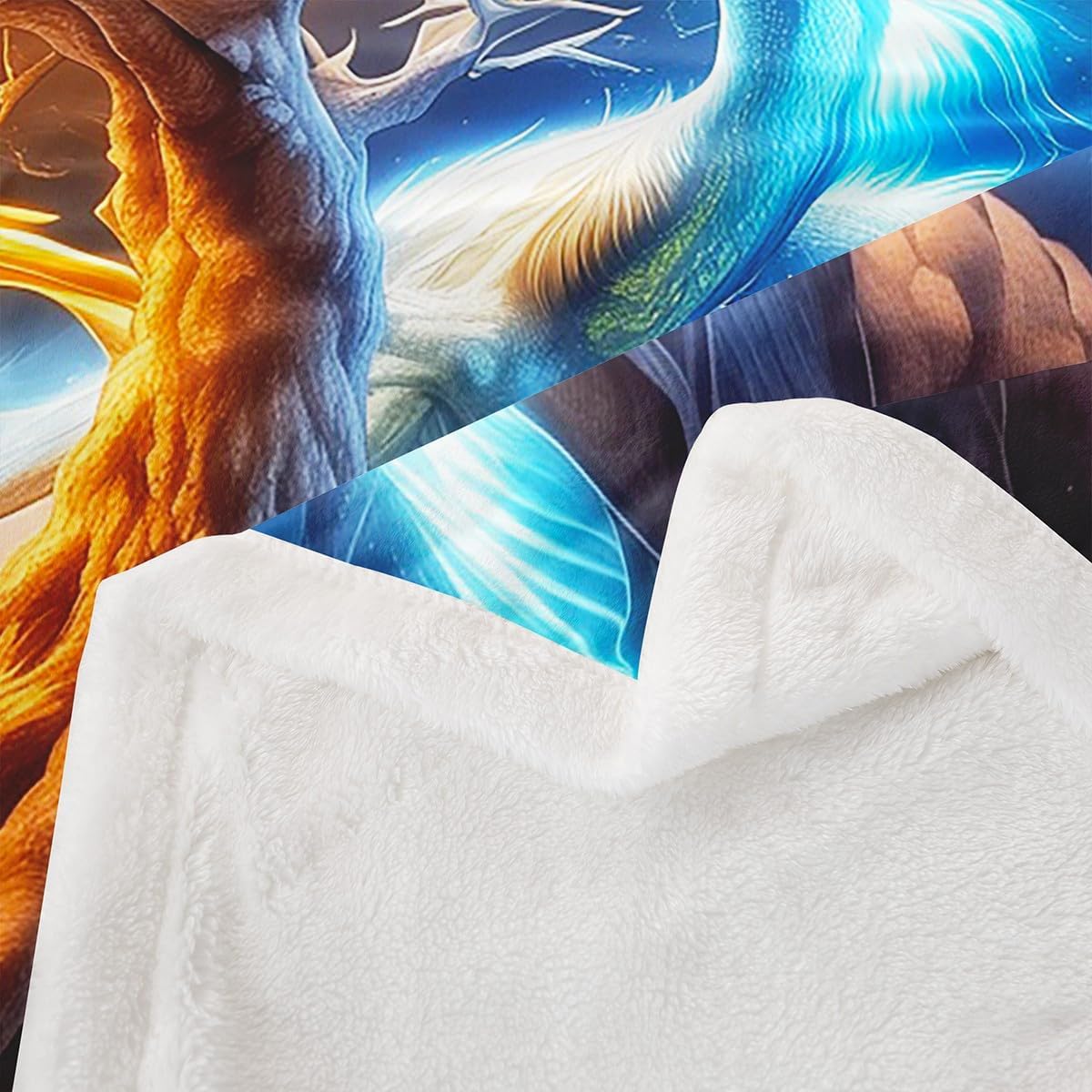 Manfei Life Golden Tree Kids Throw Blanket,Phoenix Dragon Lightning Light Mountain Bed Blanket for Boys Girls,Magical Natural Tale Blue Trippy Fuzzy Blanket,Queen Size (90 x 90 Inches)