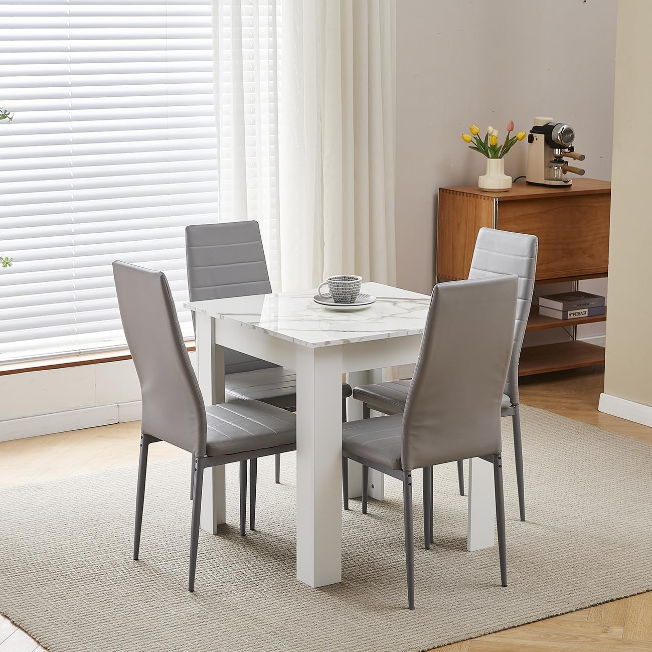 75x75 cm Small Dining Table and 4 Chairs, 4 Seater Table and Chairs Set Kitchen Dining Room Set for 4, Compact, Space Saving, Wooden, Glossing Tabletop Marble-White (4 Seats, Faux Leather Grey #1) โ image 1
