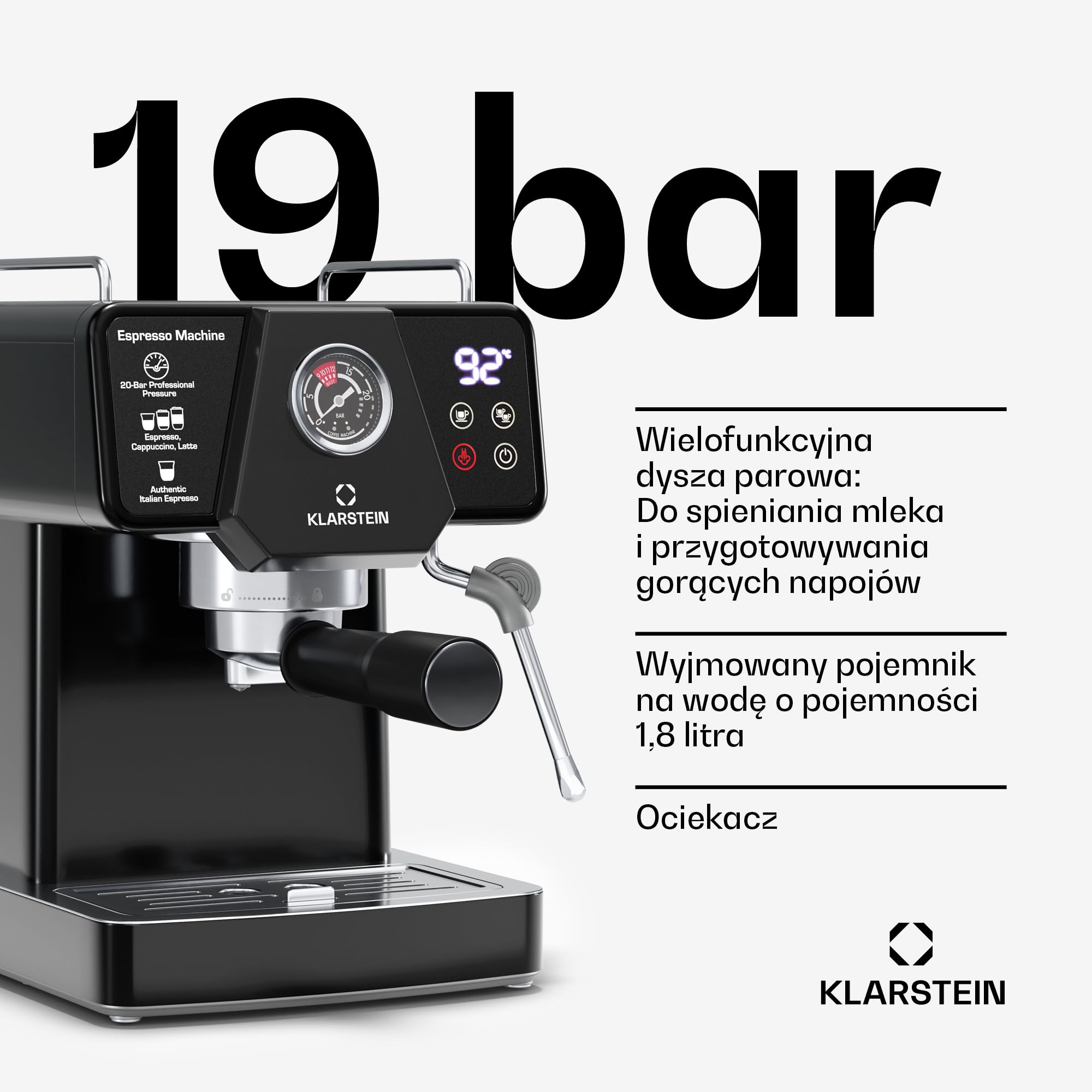 Klarstein Libeica ekspres ciśnieniowy z młynkiem – 19 Bar, 1.350 W, stal nierdzewna, zbiornik na wodę 1,8 l, dysza parowa, panel dotykowy, do espresso i kawy mielonej, zdejmowany zbiornik na wodę