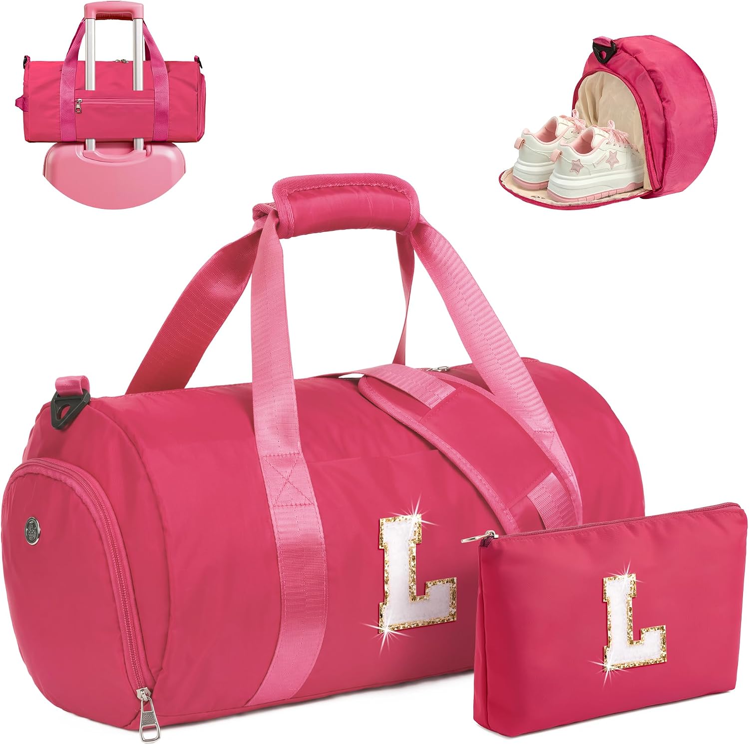 Gifts for Grandkids, Girls Travel Duffle Bag with Makeup Pouch, Initial Kids Overnight Weekend Bag with Shoe Compartment, Birthday Gift for Toddler (Letter L)