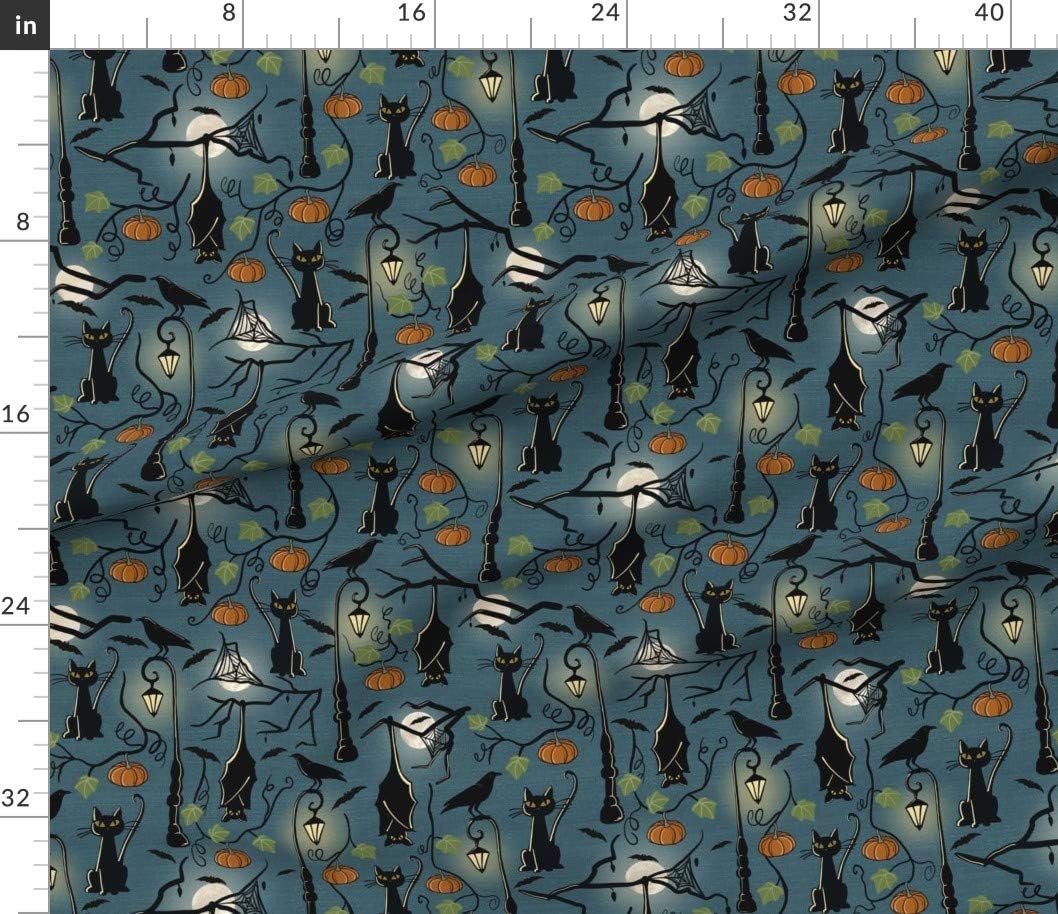 Spoonflower Fabric - Bats Cats Crows Lampshade Black Blue Halloween Pumpkin Printed on Petal Signature Cotton Fabric by The Yard - Sewing Quilting Apparel Crafts Decor
