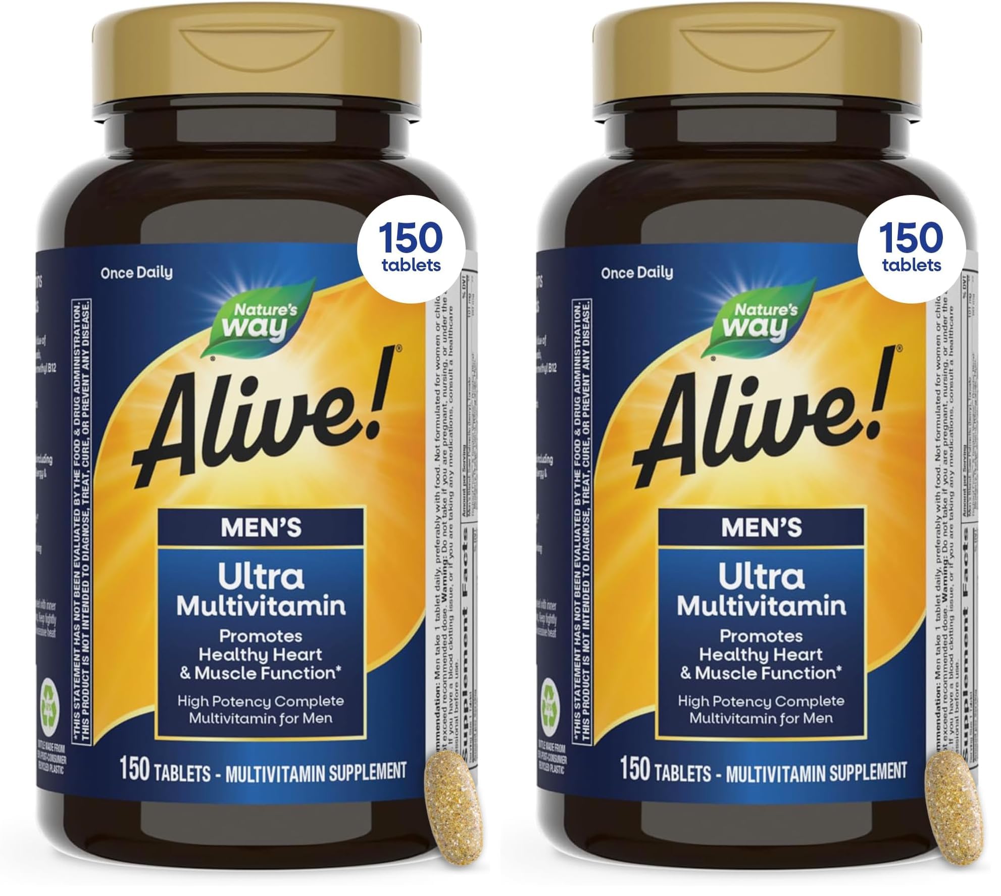 Nature's Way Alive! Men's Daily Ultra Multivitamin, High Potency Formula, Promotes Heart & Muscle Function*, with Methylated Vitamin B12, Gluten Free, 150 Tablets, (Pack of 2) 150 Count (Pack of 2)