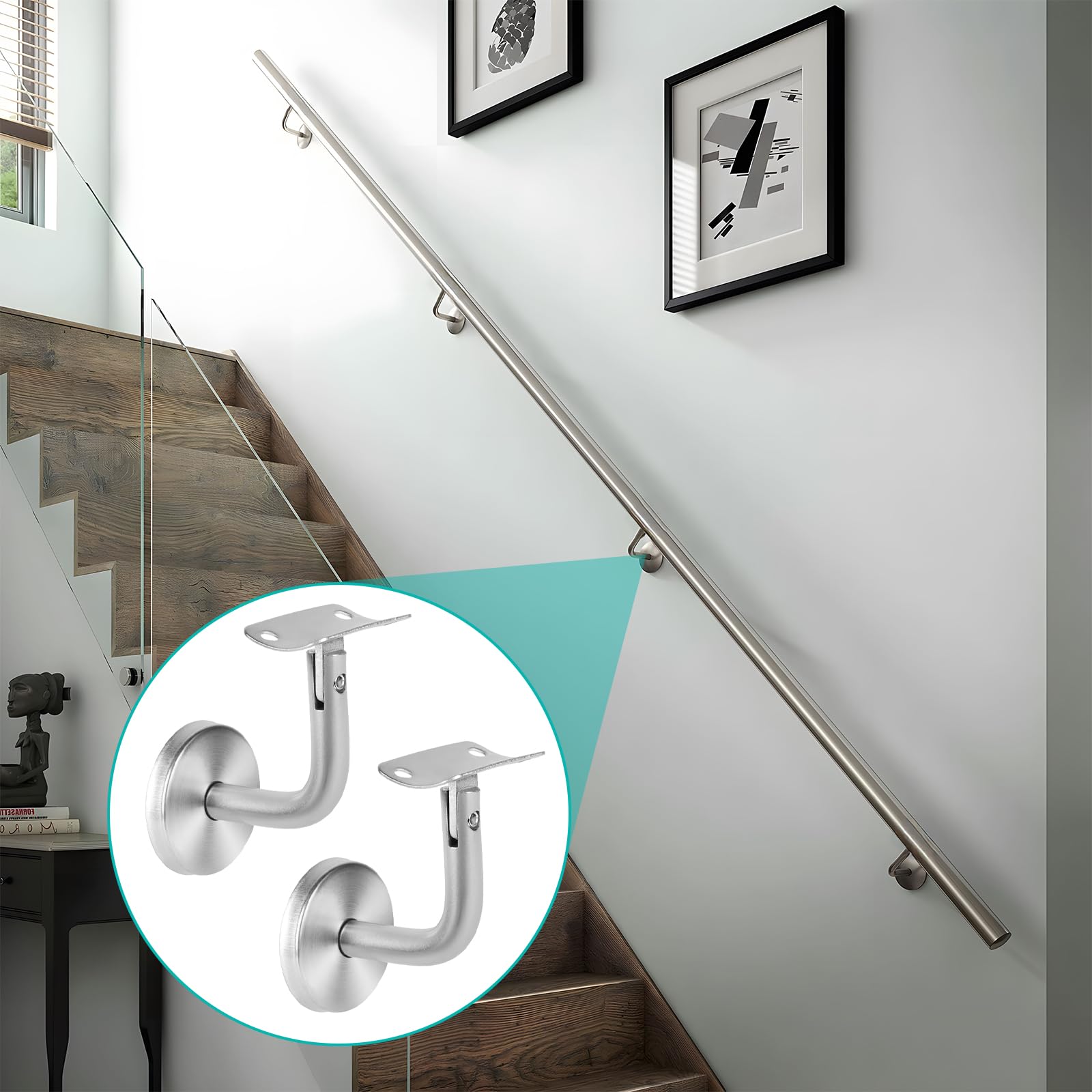 SUPAWAY Handrail Bracket Handrail Wall Bracket for Stair Railing Stainless Steel Handrail Bracket for Stairs Hallways Bathrooms Interior Wall Loft Antique Handrails (Silver-6Pcs-Curve) - Image 3