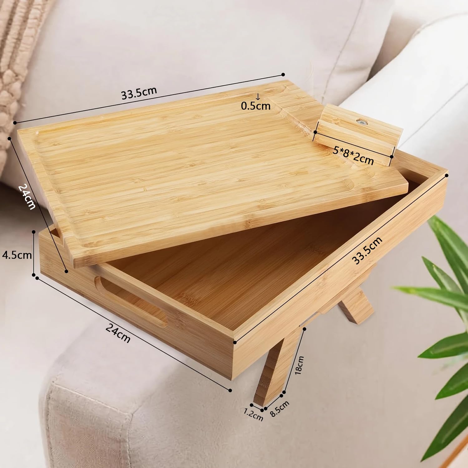 Braccioli da divano, vassoio flessibile in legno di bambù, supporto per bevande, bracciolo, a due piani, con piano girevole a 360° e supporto per cellulare per snack, telefoni cellulari, controller