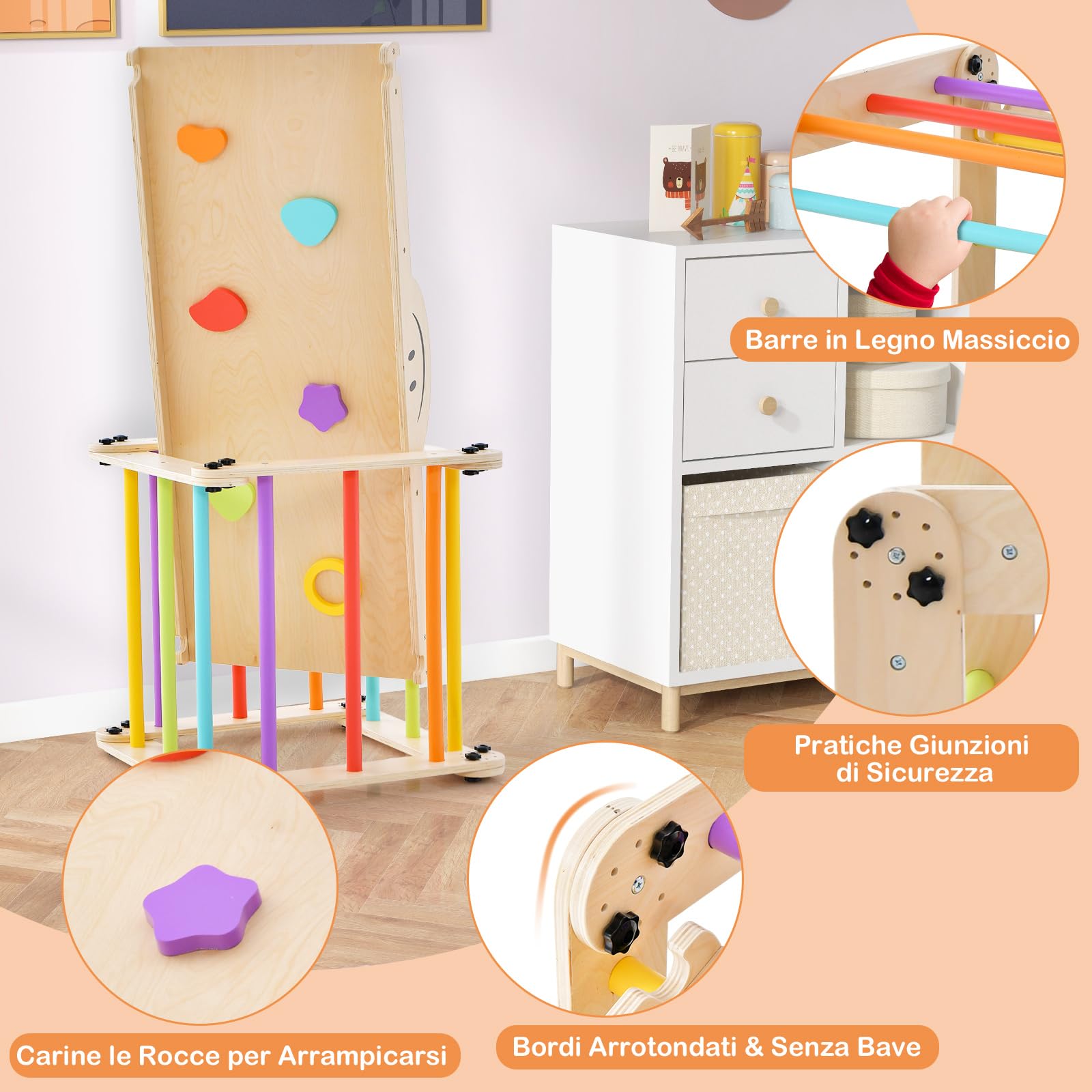 COSTWAY 5 in 1 Set da Arrampicata per Bambini, Giochi da Arrampicata Pieghevoli in Legno con Rampe Regolabili e Reversibili, Scala da Arrampicata per Bambini 3+ Anni (Colorato)