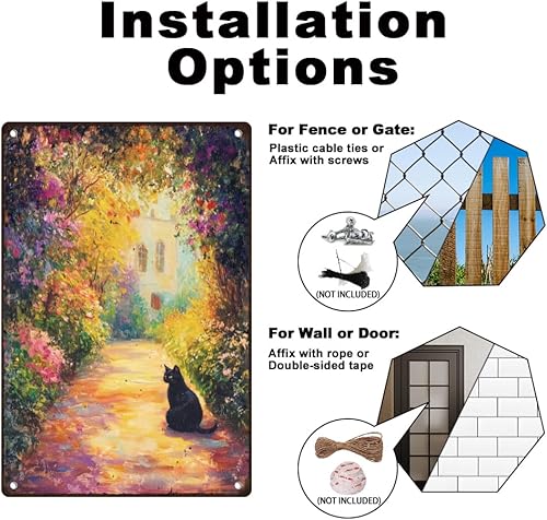 Miniatura 4 de Cartel de metal retro para decoración de pared con diseño de gato negro y jardín, 8 x 12 pulgadas, pintura al óleo de primavera, póster artístico