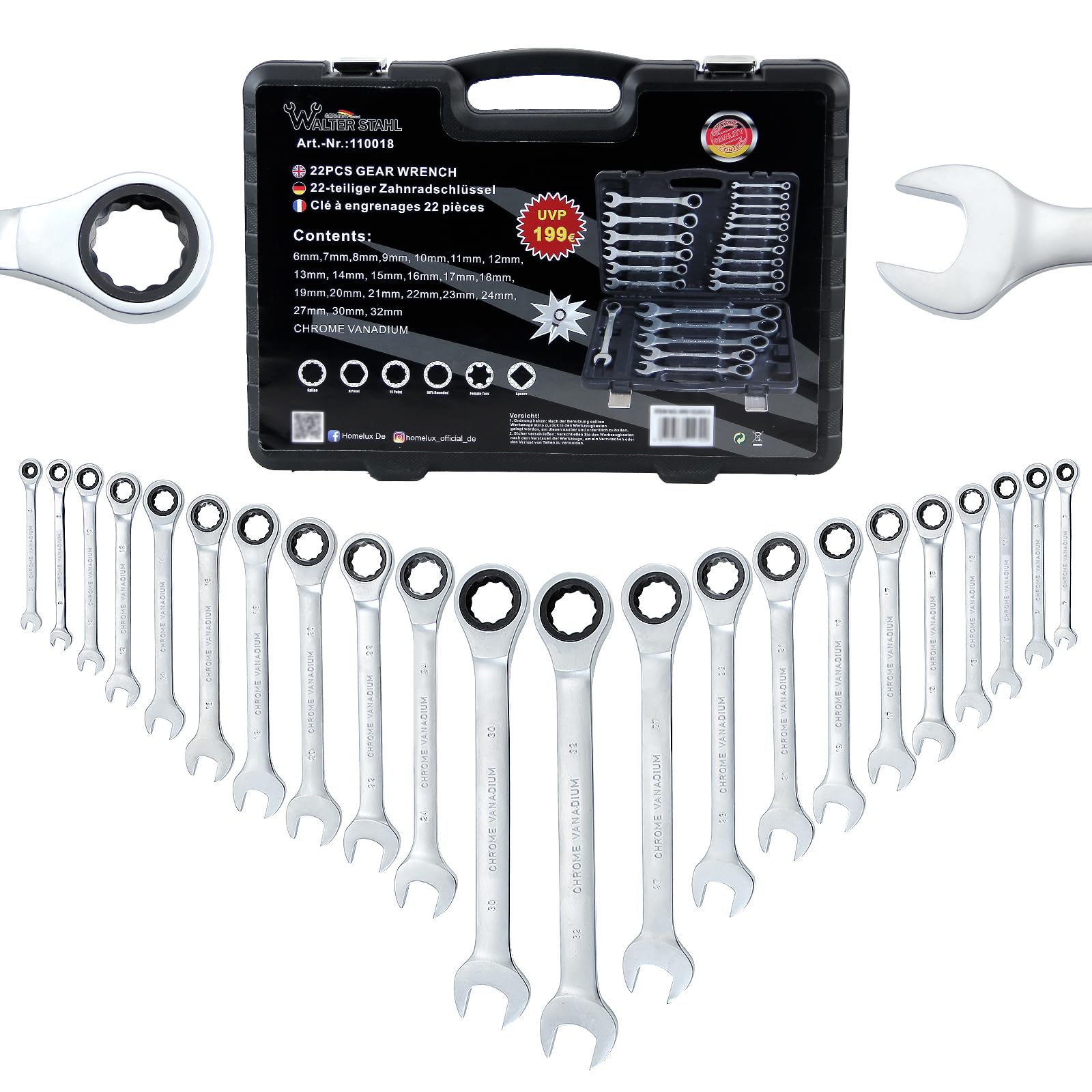 Juego de llaves de carraca Walter STAHL, 22 piezas, llaves combinadas de 6 a 32 mm, para reparación de bicicletas, reparación de coches, 72 dientes, rango de giro de 5°, acero Cr-V