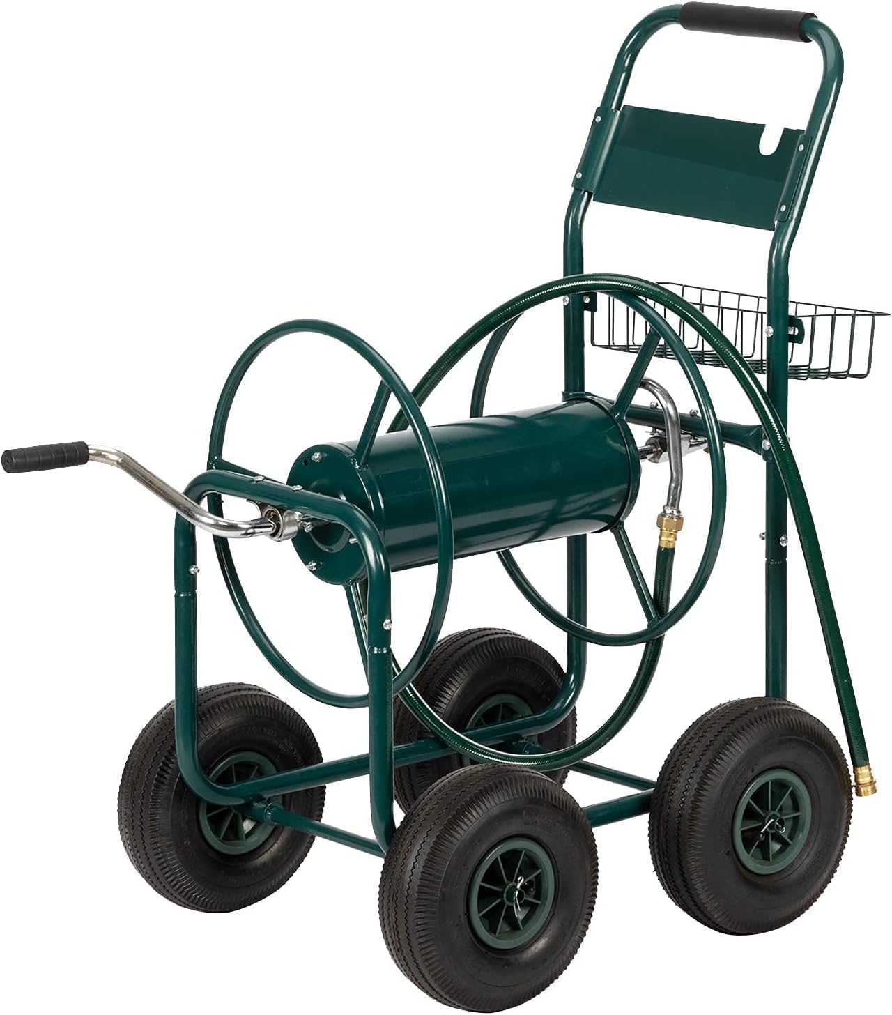 Bonnlo Hose Reel Cart, 4-Wheel Portable, Residential and Durable, Hose Guide System with Storage Basket, Rust Resistant, for Yard, Garden and Farm, Green