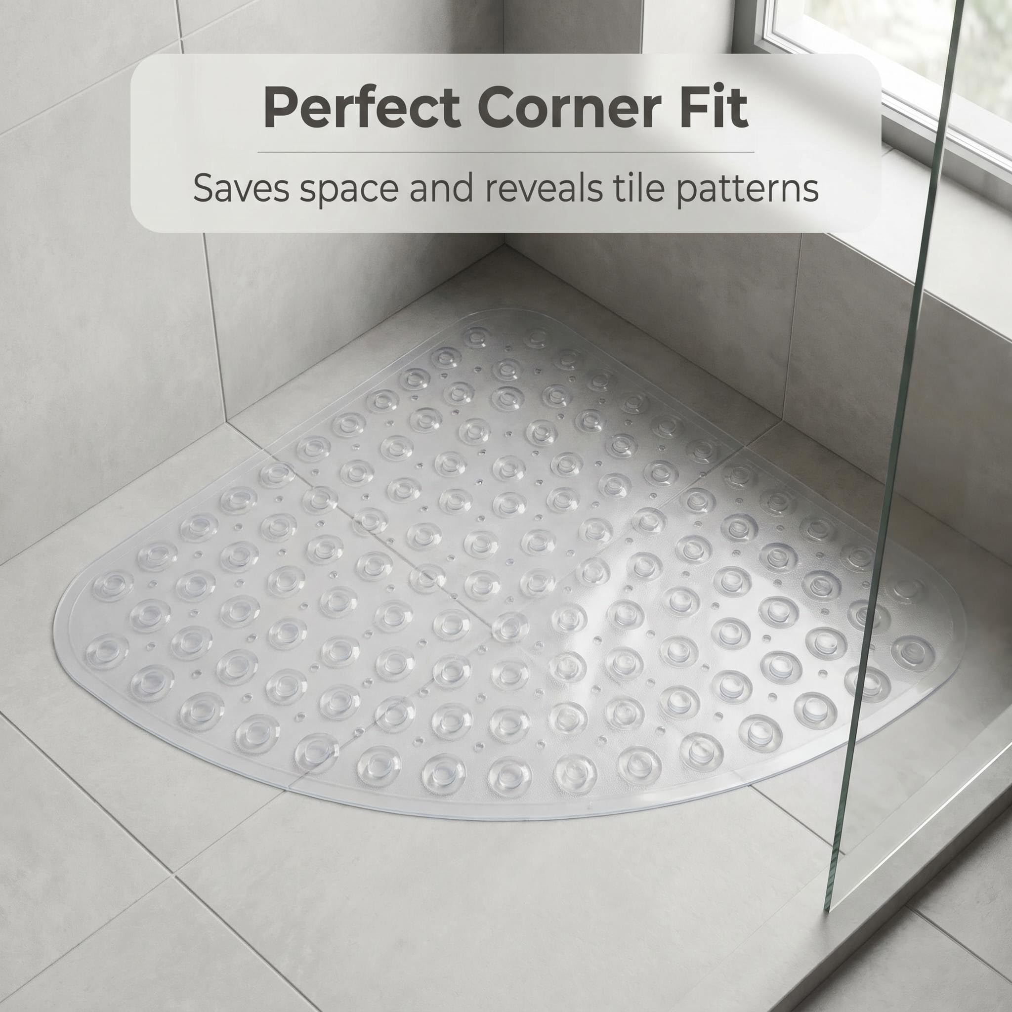 Tapis de douche d'angle antidérapant et anti-moisissure, 70 x 70 cm, en caoutchouc avec ventouses et trous de drainage, tapis de bain incurvé pour pièces humides (transparent)