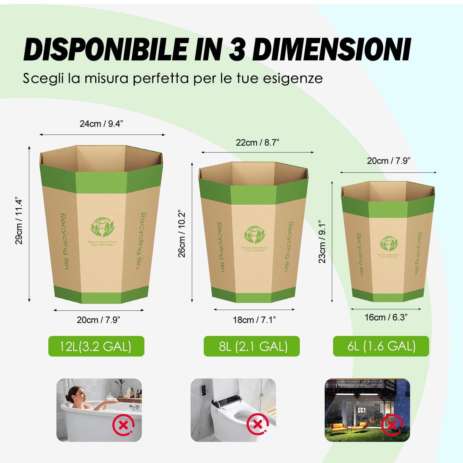 Set da 6 Cestini Spazzatura in Cartone–Cestini Pieghevoli, Riciclabili, Senza Plastica e Riutilizzabili–Piccoli Pattumiera Perfetti per Uffici, Camere da Letto, Casa, Eventi e Attività all’Aperto(12L)