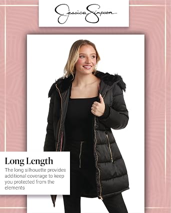 Jessica Simpson Womens Long Puffer Coat - Quilted Puffer Jacket with Faux Fur Hood - Insulated Winter Coats for Women