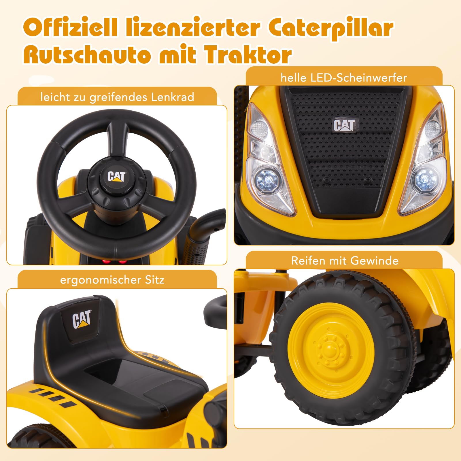 GOPLUS Kinder Rutschtraktor, Rutschauto mit abnehmbarem Anhänger, Hupe, Motorgeräuschen, LED-Leuchten, Rutscher Traktor ohne Antrieb mit Rechen & Schaufel für Kinder ab 1 Jahr